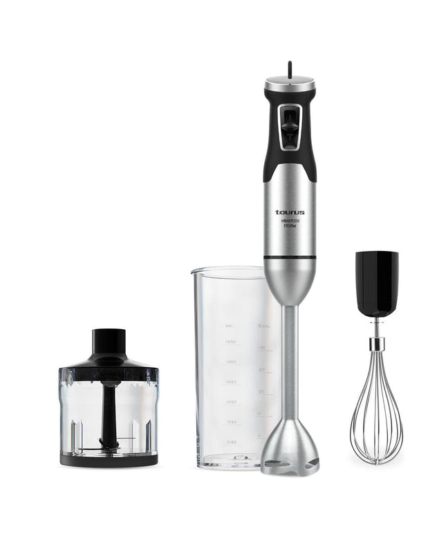 Black Taurus HBA1700X mixer with stainless steel blending attachment and control dial, ideal for kitchen and home cooking.