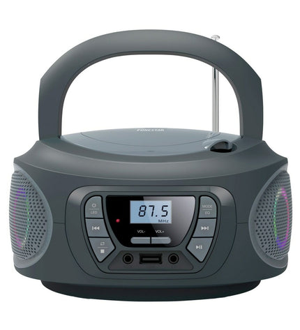 FONESTAR Boom-One-G electronic toy radio with CD, MP3 player, and Bluetooth connectivity, showing colorful controls and display screen.