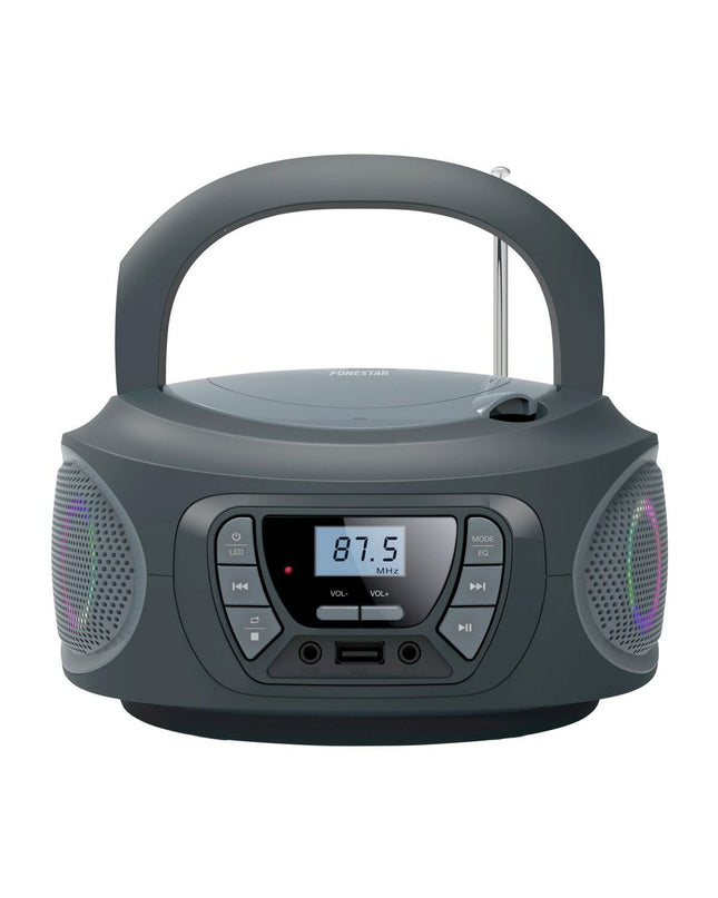 FONESTAR Boom-One-G electronic toy radio with CD, MP3 player, and Bluetooth connectivity, showing colorful controls and display screen.