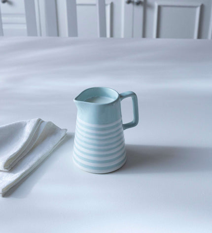 Hand-painted Blue Stripe Ceramic Jug Coastal Farmhouse