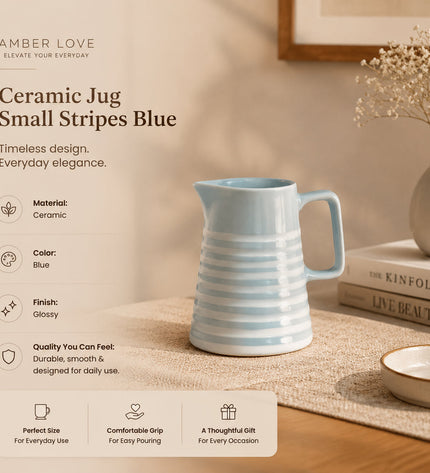 Hand-painted Blue Stripe Ceramic Jug Coastal Farmhouse