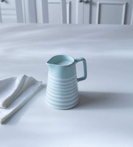 Hand-painted Blue Stripe Ceramic Jug Coastal Farmhouse