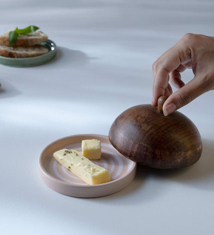 Blush Striped Ceramic Butter Dish with Mango Wood Lid