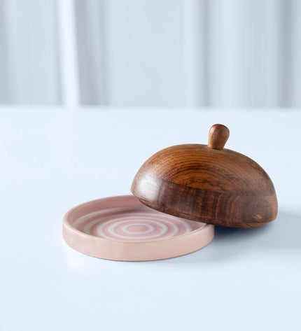 Blush Striped Ceramic Butter Dish with Mango Wood Lid