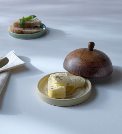 Striped Ceramic Butter Dish with Mango Wood Lid