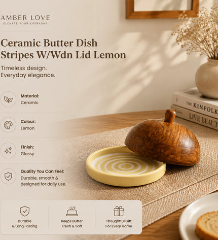 Striped Ceramic Butter Dish with Mango Wood Lid
