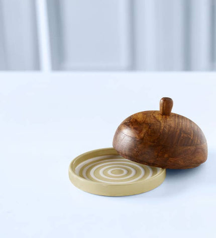 Striped Ceramic Butter Dish with Mango Wood Lid