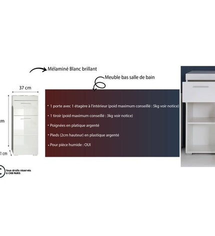 AMANDA bathroom cabinet - 1 door + 1 drawer - W37 x D31 x H79 cm - White - TRENDTEAM