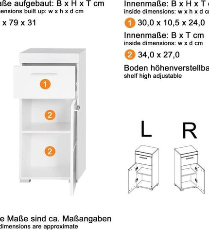 AMANDA bathroom cabinet - 1 door + 1 drawer - W37 x D31 x H79 cm - White - TRENDTEAM