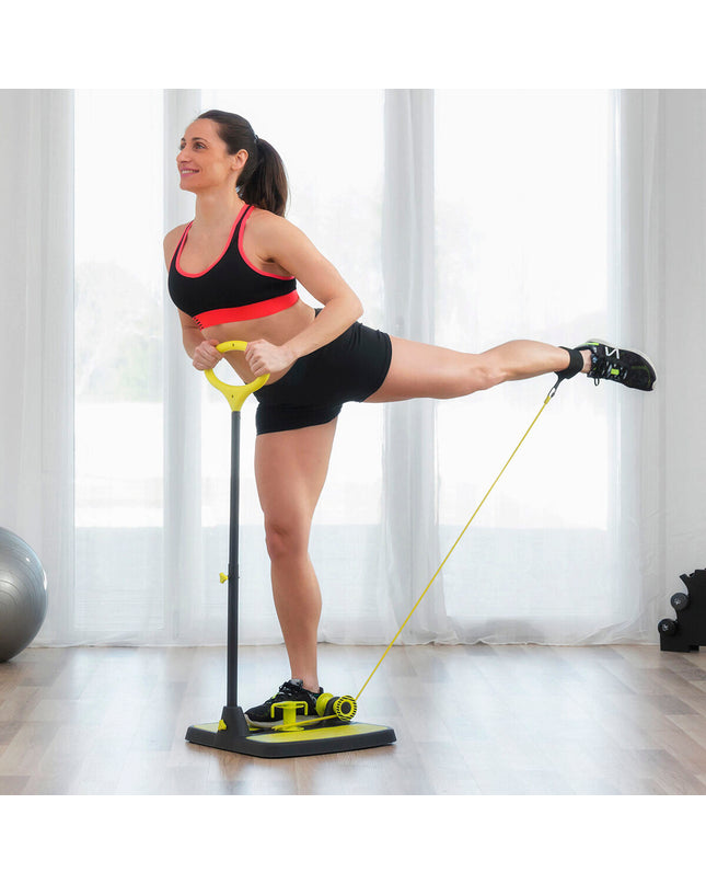 InnovaGoods fitness platform for butt and leg muscles with exercise guide, shown on a gym floor for strength training.