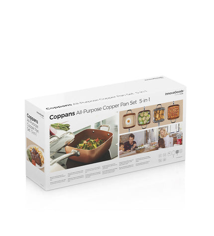 InnovaGoods Copper 5-in-1 ceramic cookware set with four pieces, including frying pan and lids, for versatile kitchen use.