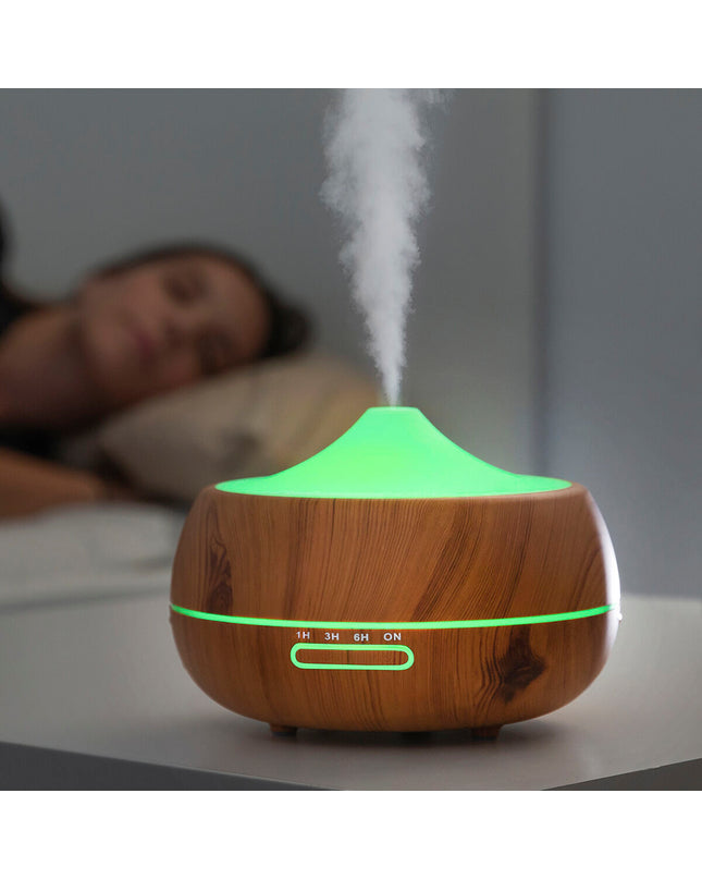 InnovaGoods Aromaverstuiver bevochtiger with multi-color LED lights, wooden-effect design, portable air conditioning for home and cooking.