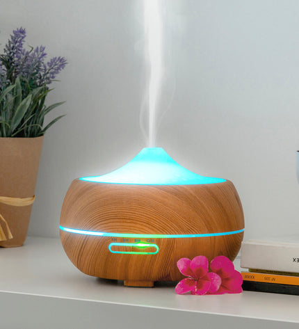 InnovaGoods Aromaverstuiver bevochtiger with multicolor LED lights, wooden-effect design, portable air humidifier for home and kitchen.