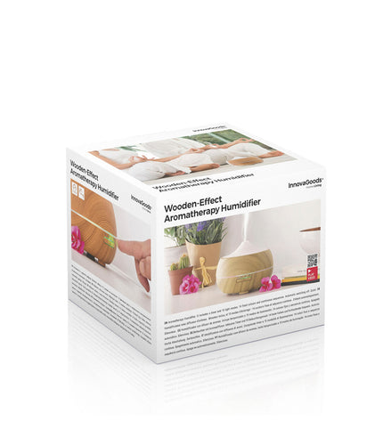 InnovaGoods Aromaverstuiver bevochtiger with multi-color LED lights, wooden-effect housing, portable air conditioning for home and kitchen use.