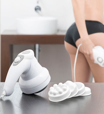InnovaGoods 5-in-1 anti-cellulitis electric massager for health and personal care, shown with multiple massage attachments.