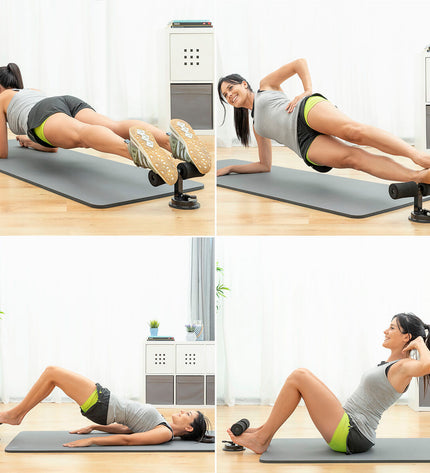 InnovaGoods CoreUp abdominal exercise grip with suction cup and handle for core workouts, shown on a fitness mat.