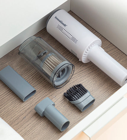 InnovaGoods rechargeable handheld vacuum cleaner with three accessories, ideal for home cleaning and floor maintenance.