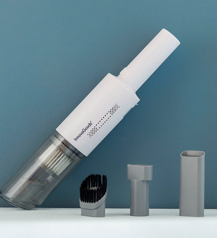 InnovaGoods rechargeable handheld vacuum cleaner with three accessories, ideal for home cleaning and dusting tasks.