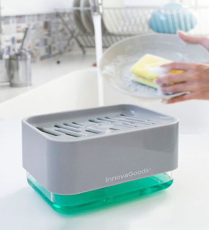 InnovaGoods 2-in-1 soap dispenser for kitchen countertop, featuring a sleek design for household cleaning and handwashing.
