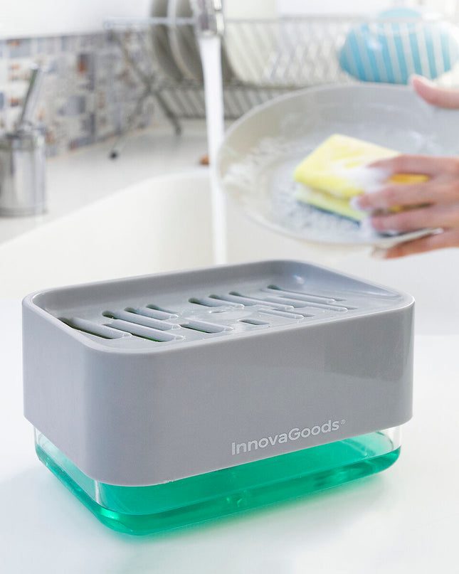 InnovaGoods 2-in-1 soap dispenser for kitchen countertop, featuring a sleek design for household cleaning and handwashing.