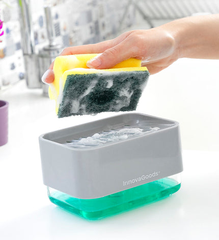 InnovaGoods 2-in-1 soap dispenser for kitchen countertop, suitable for home cleaning and caregiving tasks, with sleek design.