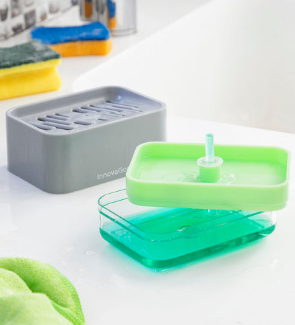 InnovaGoods 2-in-1 soap dispenser for kitchen countertop, with pump and refill compartment, in a sleek modern design.