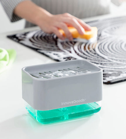InnovaGoods 2-in-1 soap dispenser for kitchen countertop, with pump and storage, ideal for household cleaning and kitchen use.