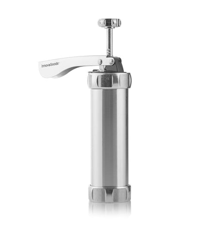 InnovaGoods 2-in-1 cookie press and decorating gun for baking, with stainless steel and plastic components, ready for kitchen use.