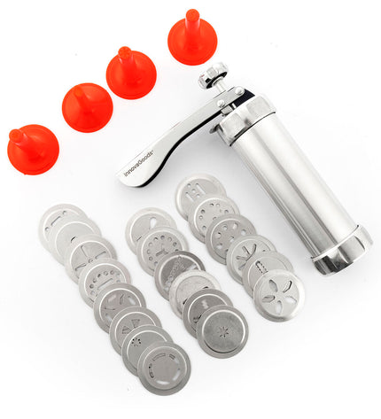 InnovaGoods 2-in-1 cookie press and decorating syringe for baking, with metal and plastic components, ready for cake and cookie decorating.