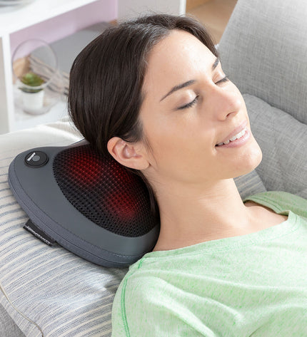 InnovaGoods Compact Shiatsu-massager for health and wellness, showing the portable device with massage nodes and control buttons.