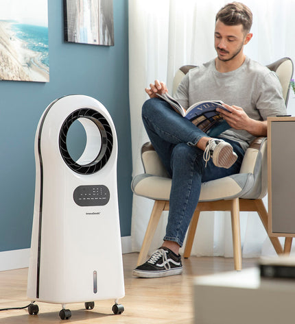 InnovaGoods bladloze evaporative air conditioner with LED display, portable cooling device for home and kitchen use.