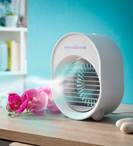 Portable InnovaGoods Ultrasonic Air Humidifier with LED lights, compact device for home and kitchen air moisture control.