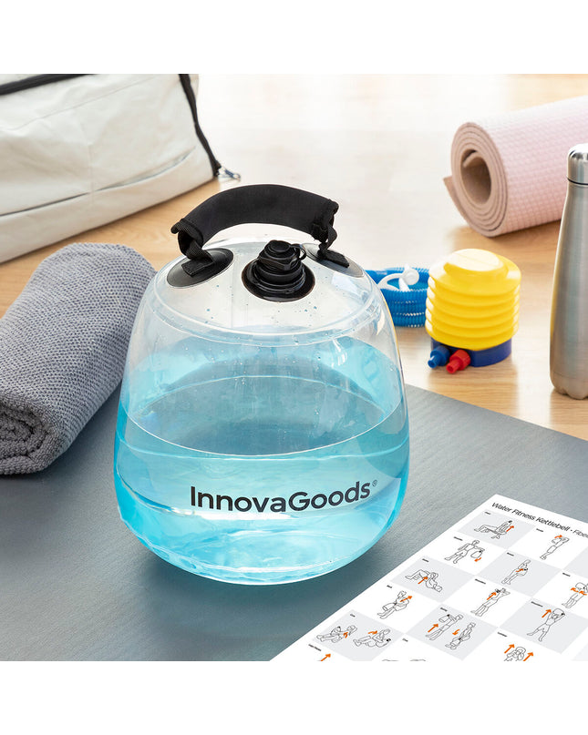 InnovaGoods Met water gevulde kettlebell for fitness training with exercise guide, shown with water-filled kettlebell in a gym setting