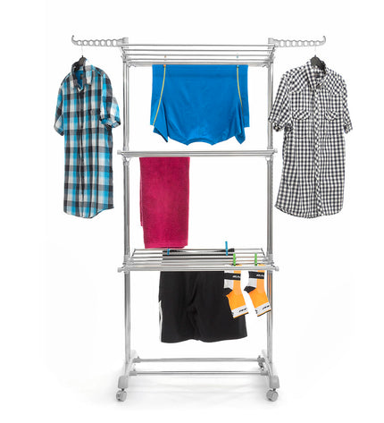 InnovaGoods Inklapbaar verticaal kledingdroogrek op wielen with 24 stangen, foldable vertical clothes drying rack for home use.
