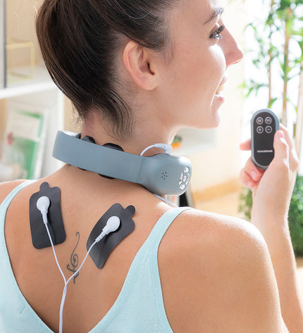 InnovaGoods rechargeable neck massager with remote control, designed for health and personal care, showing the device on a neutral background.