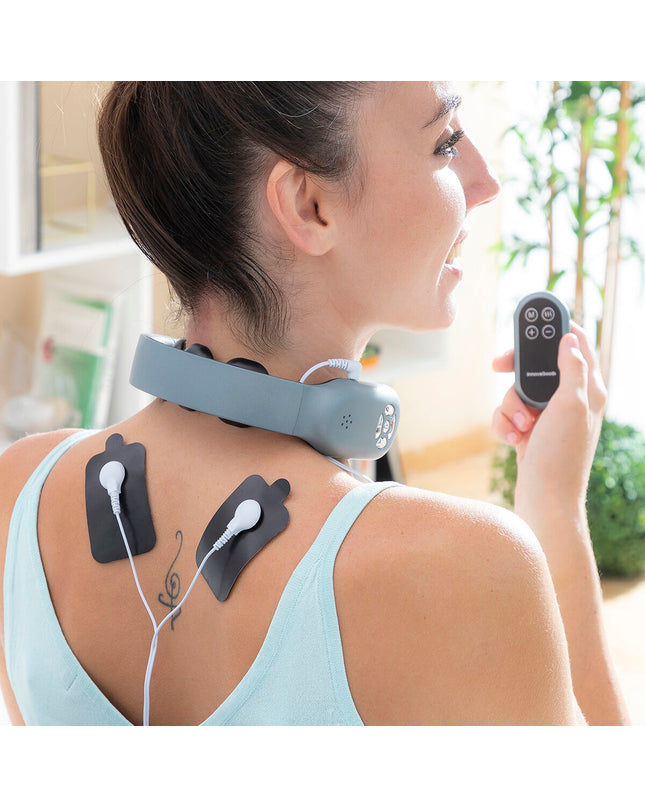 InnovaGoods rechargeable neck massager with remote control, designed for health and personal care, showing the device on a neutral background.
