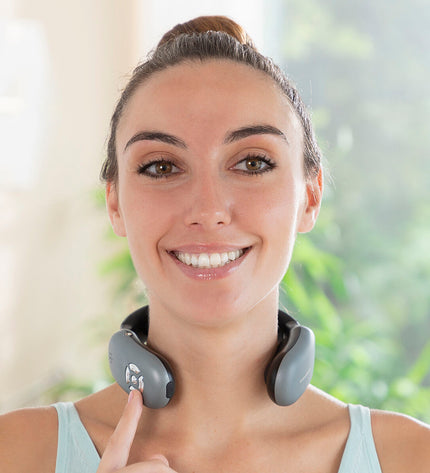 InnovaGoods rechargeable neck massager with remote control, designed for health and wellness, shown with ergonomic shape and control buttons.