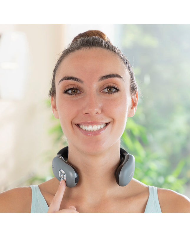 InnovaGoods rechargeable neck massager with remote control, designed for health and wellness, shown with ergonomic shape and control buttons.