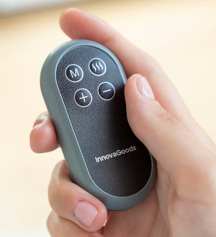 InnovaGoods rechargeable neck massager with remote control for health and wellness, showing the device wrapped around a person's neck.