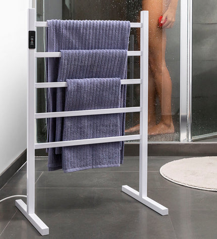 InnovaGoods electric wall or floor towel rail in modern bathroom, showing sleek design and metal finish for heating towels.