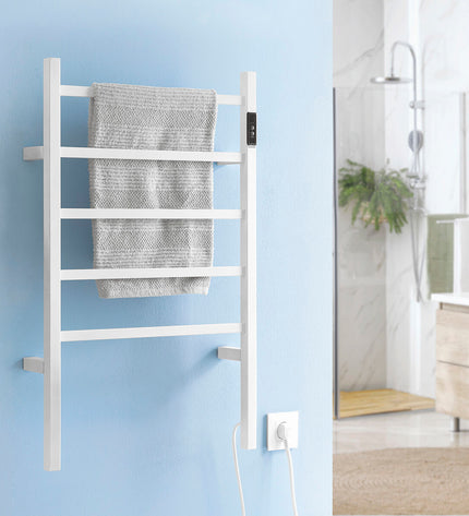 InnovaGoods electric wall or floor towel rail in a modern bathroom setting, showcasing its sleek metal design and heating elements.