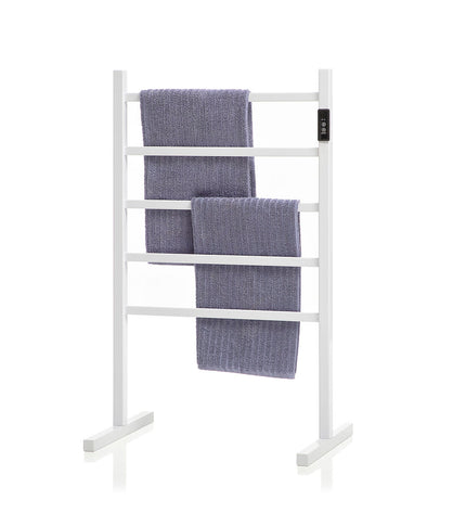 InnovaGoods electric wall or floor towel rail in a modern bathroom setting with white finish and sleek design.