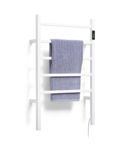 InnovaGoods electric wall or floor towel rail in chrome finish, mounted on a bathroom wall with towels hanging.