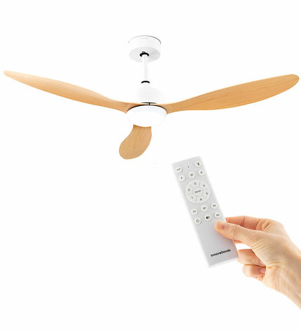 InnovaGoods plafondventilator with LED lighting, 3 ABS blades, wood finish, 52-inch diameter, 36W, suitable for home and kitchen.