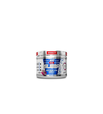 Big REAL SLEEP supplement for sleep support, featuring vitamins and minerals for restful nights, in a supplement bottle.