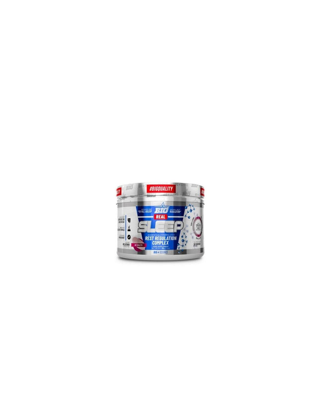 Big REAL SLEEP supplement for sleep support, featuring vitamins and minerals for restful nights, in a supplement bottle.
