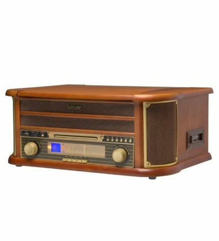 Denver Electronics MCR-50MK3 USB turntable in wood finish, vintage-inspired audio equipment with a sleek design and manual tonearm.