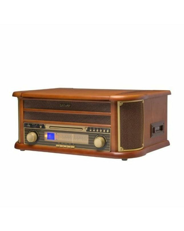 Denver Electronics MCR-50MK3 USB turntable in wood finish, vintage-inspired audio equipment with a sleek design and manual tonearm.