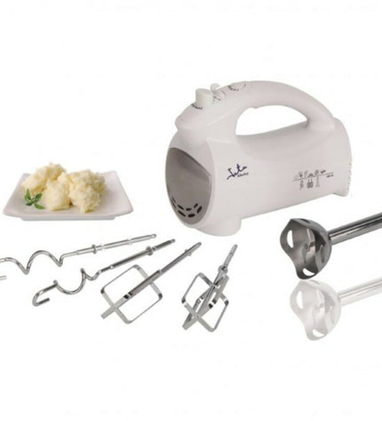 JATA BT575 hand mixer in white with 400W motor, compact kitchen appliance for baking and cooking tasks.