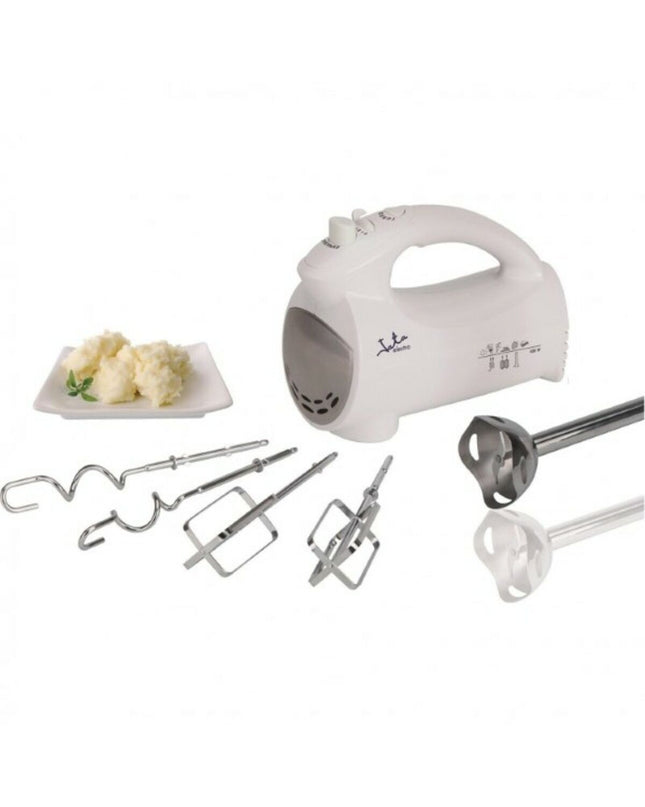 JATA BT575 hand mixer in white with 400W motor, compact kitchen appliance for baking and cooking tasks.